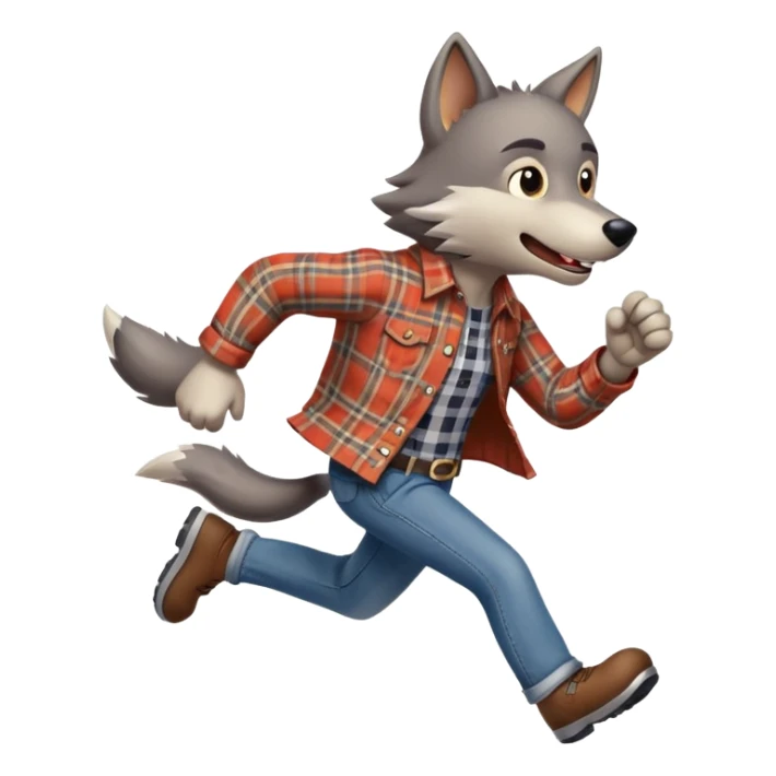 friendly anthropomorphised wolf in a plaid shirt and jeans running sticker