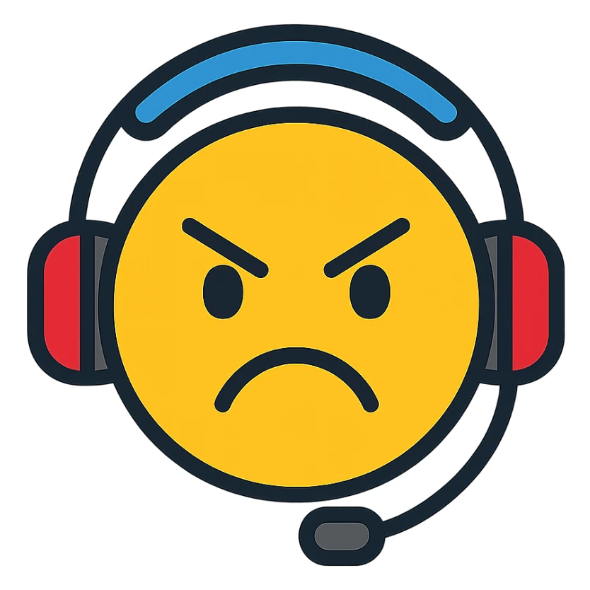 angry emoji with gaming headset, color outline icon style sticker