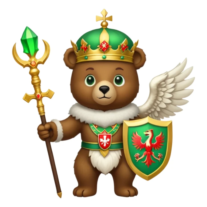 Endearing brown bear with bright green eyes, white fur hat with detailed Russian emblem: golden double-headed eagle with crowns, scepter, orb, and red shield with St. George slaying dragon, iOS emoji style sticker