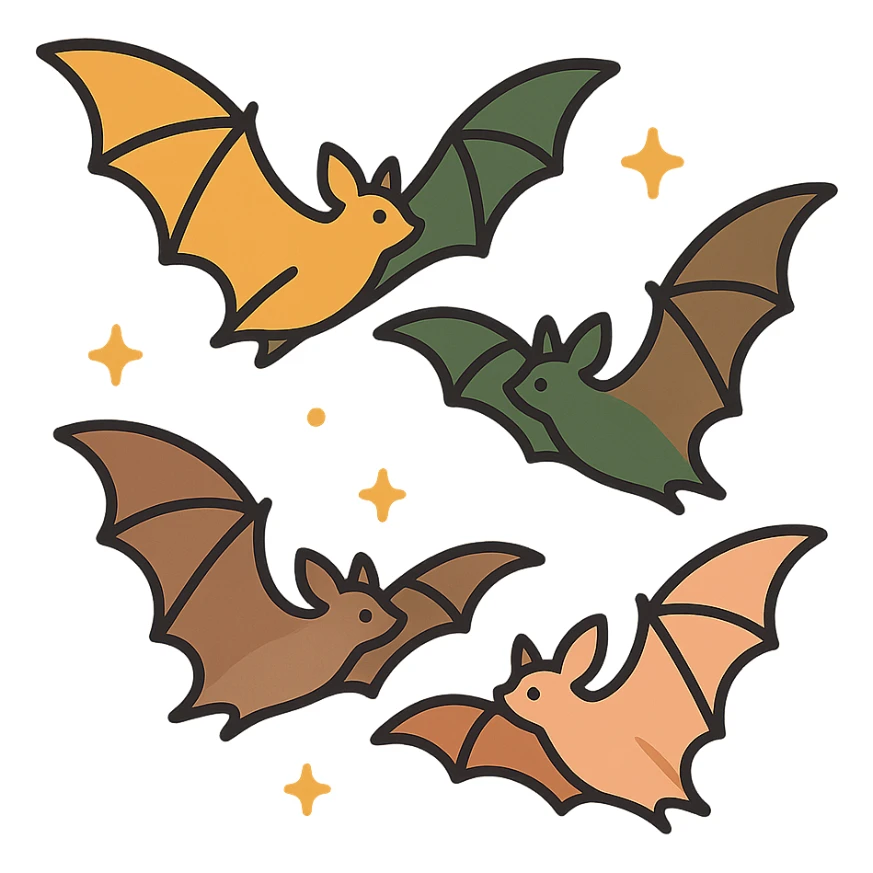A group of flying bats in mid-air, illustrated in a stylized, artistic way using a warm, earthy color palette: golden orange (FA9B41), deep forest green (4A7C5C), muted taupe brown (96775A), and soft pastel peach (FFCC9A). The bats have sleek wings with subtle color gradients, and their bodies are small and streamlined, featuring elegant silhouettes. The sky around them has a magical, twilight glow with faint sparkles or mist, enhancing the enchanted atmosphere. The overall style is whimsical and soft, with a balance between natural and fantastical elements. sticker