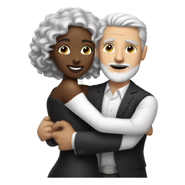 A pale white man with grey hair and with a goatee has just married, with a black woman with  neck length curly 
 brown hair and a brown complexion. They have a lot of money. they are hugged sticker