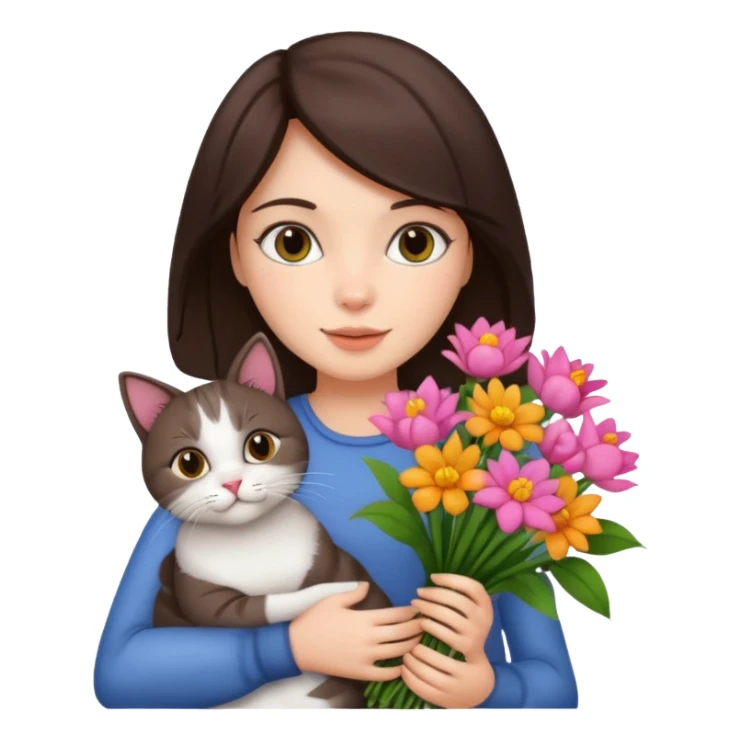 brunette woman holding bouqet and cat sticker