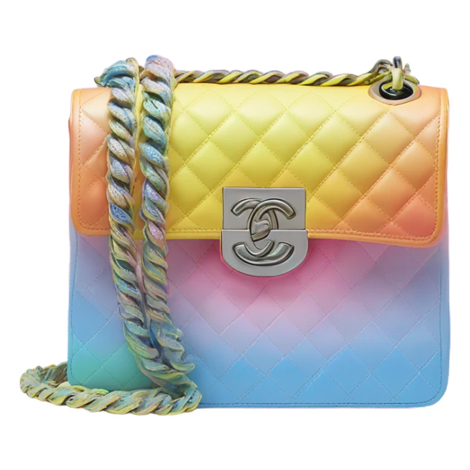 Front facing Cuba collection Chanel boy bag with Rainbow diagonal ombré with pastel pink, yellow and blue sticker