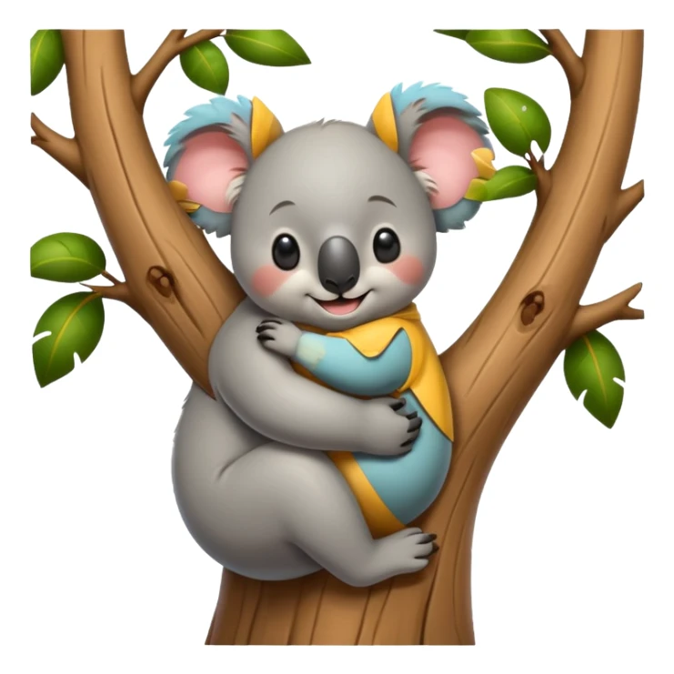 Koala and tree character hugging each other, add a face to the tree sticker