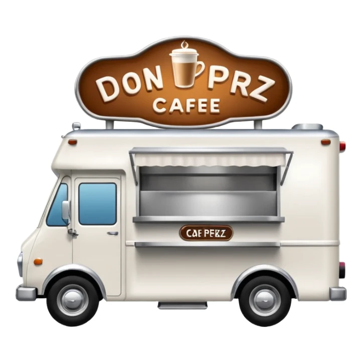 white coffee truck with don perez cafe sign sticker