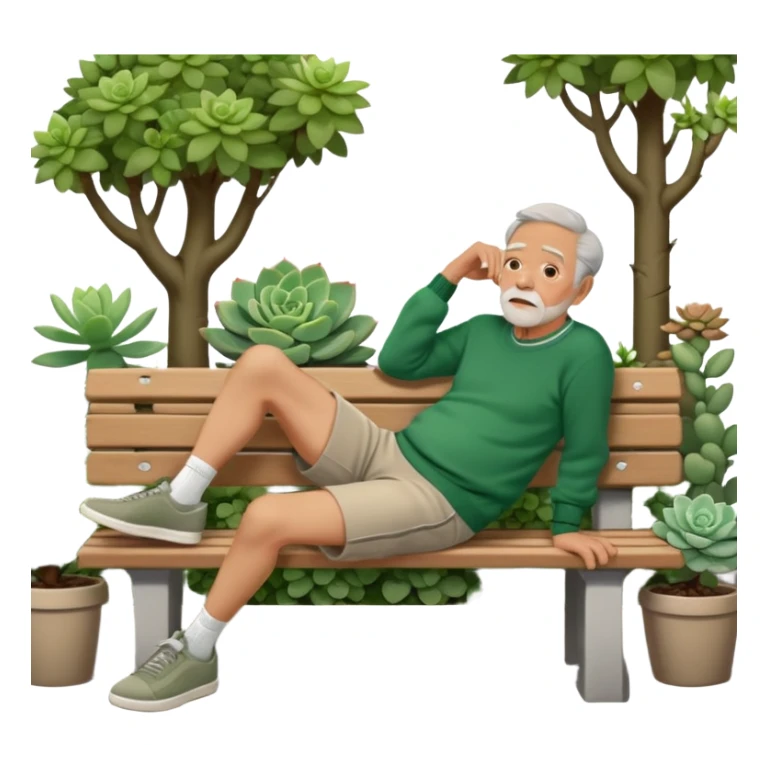 Old Man laying sideways on bench in green sweater, light brown shorts, and grey shoes with trees and succulents in background sticker