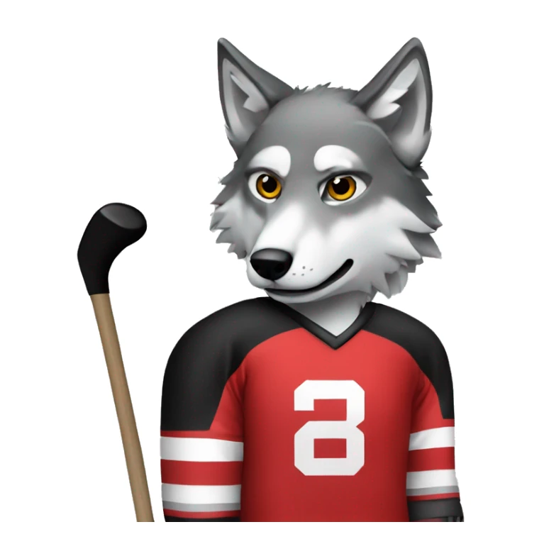 A wolf in a red black and white hockey uniform with a wolf emblem sticker