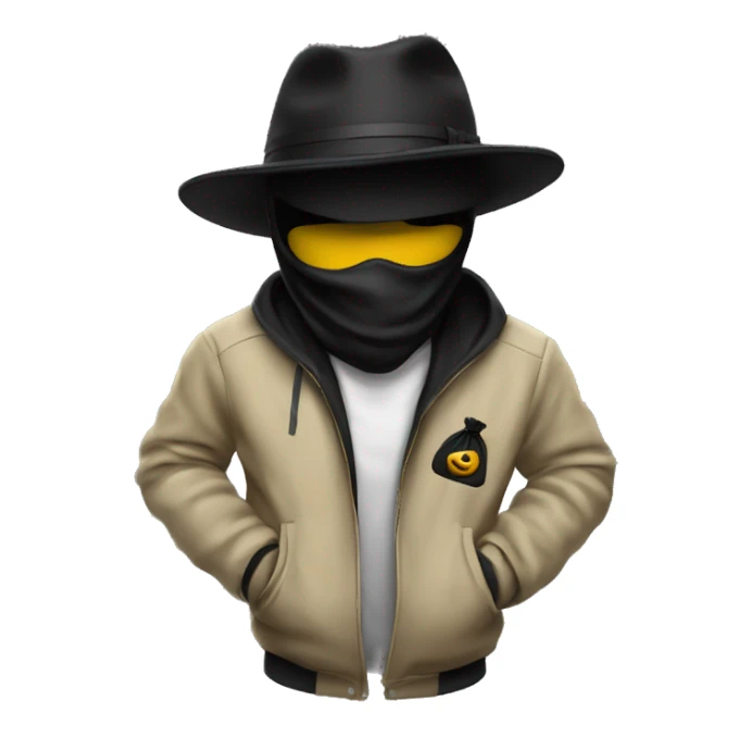 person whit a blak mask tht only covers his eyes and a white and black lined jacket and a black hat and money bag sticker