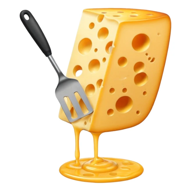 a half vertical  wheel of cheese being scraped with a metal spatula, melted cheese flowing, warm golden colors, modern emoji style, clean outlines, transparent background sticker
