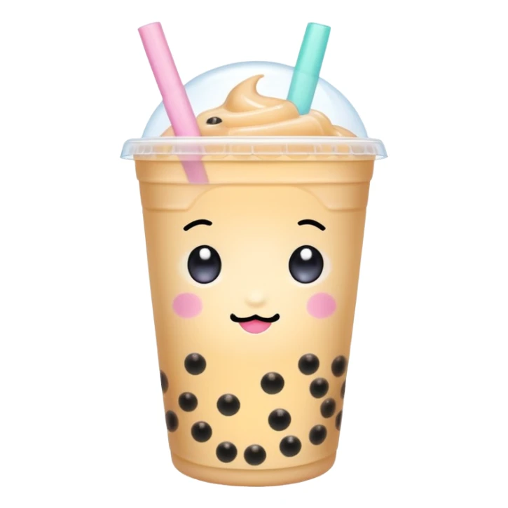 cute bubble tea character with sparkly eyes, glossy effect, pastel palette, bold outline, transparent background, kawaii aesthetic sticker