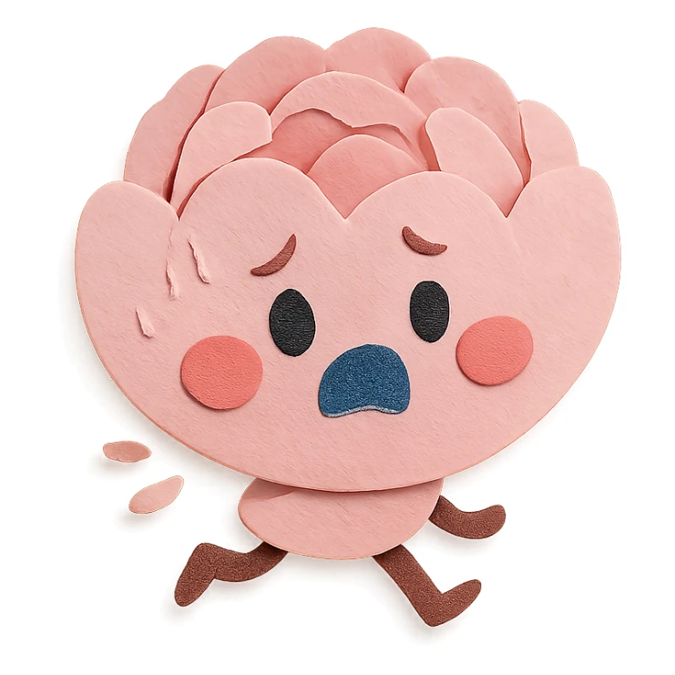 round chibi pastel pink peony flower with blushing cheeks and a panicked expression, rushing with tiny legs, paper craft style sticker