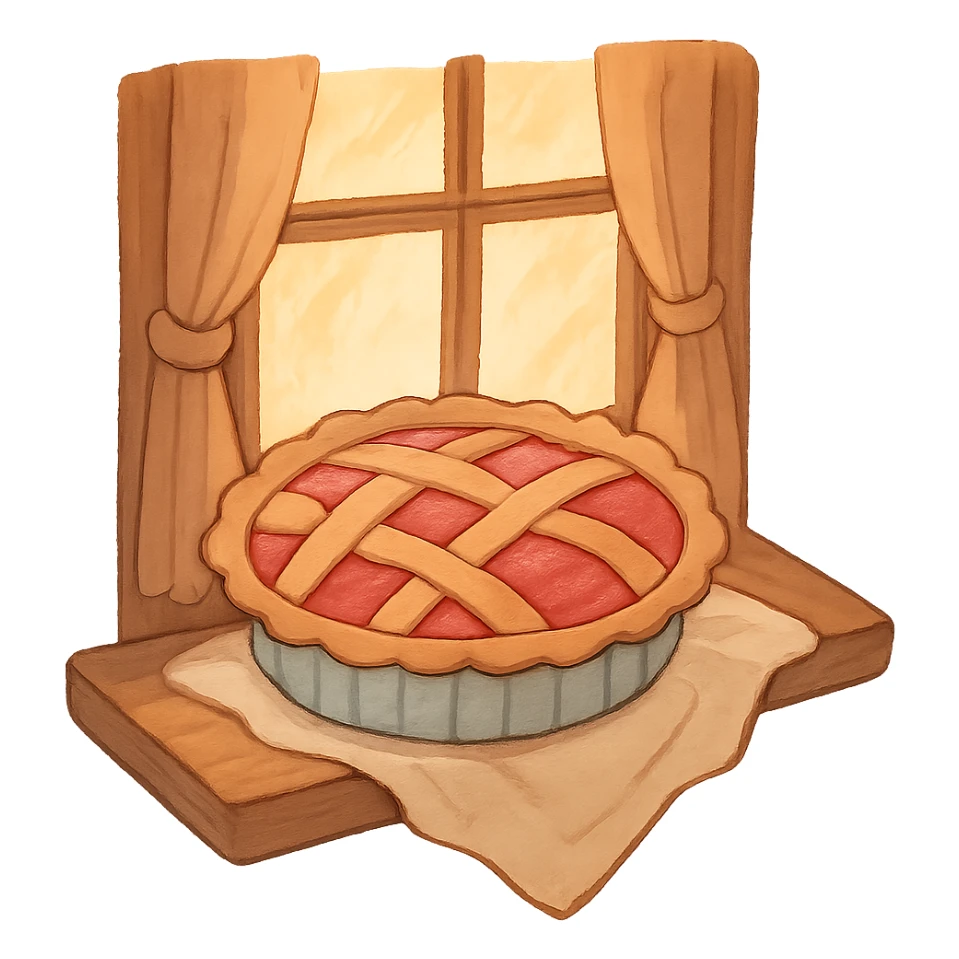 pink pie cooling on a windowsill, homey sticker