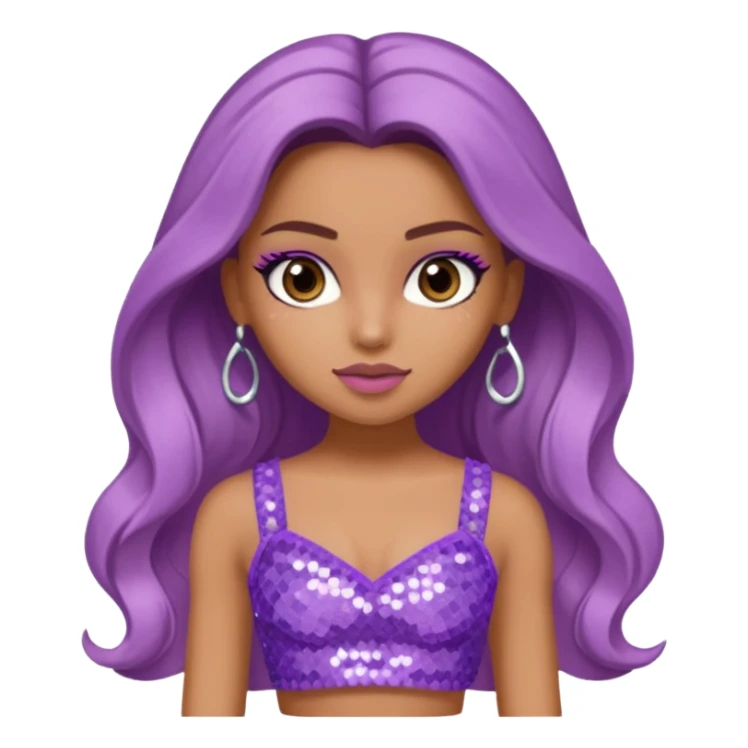 Yasmin from Bratz with long light brown hair, tan skin, brown eyes, lilac sequin crop top sticker