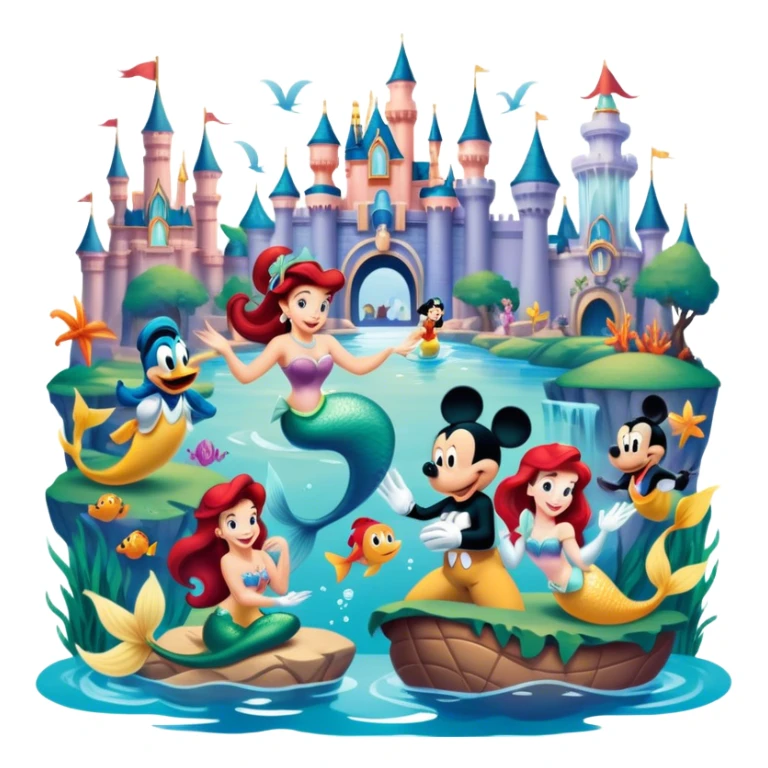 A vibrant collage featuring iconic characters like one Goofy, one Mickey Mouse, one Ariel the Little Mermaid, one Jasmine and one Franco. Each character should be large and bright, set against a cheerful and playful background with Disneyland. Transparent background. sticker
