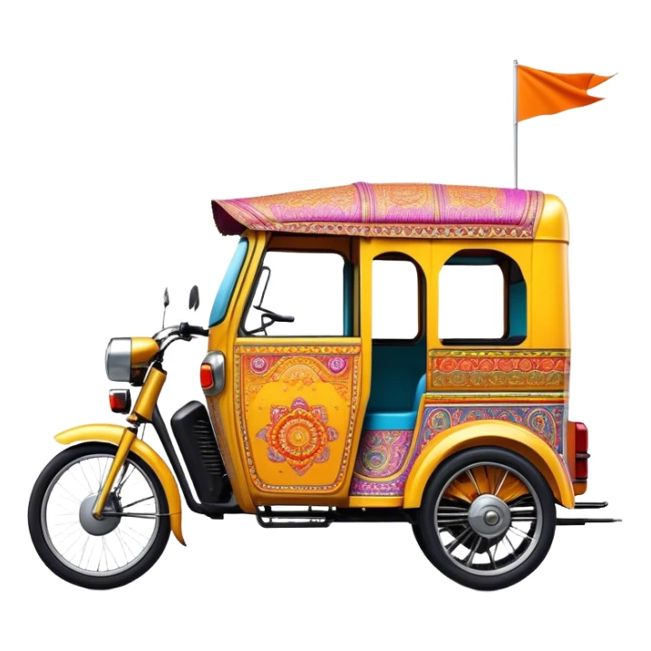 Cinematic Realistic Indian Auto Rickshaw Emoji, depicted as a colorful, bustling auto rickshaw with intricate designs and vibrant hues, rendered with lively textures and dynamic urban lighting that captures its quintessential presence in Indian cities. sticker