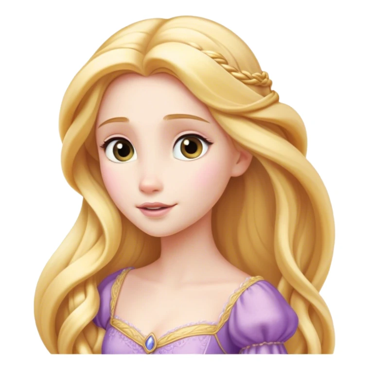 Cinematic Timeless Rapunzel Portrait Emoji, rendered in a clean, vector style. Depict Rapunzel with porcelain skin, beautifully styled long golden hair, and a serene, graceful expression, dressed in her classic gown. The design features bold, clean lines, a soft, magical glow, and a subtle glowing outline that captures her timeless, fairy-tale beauty. sticker