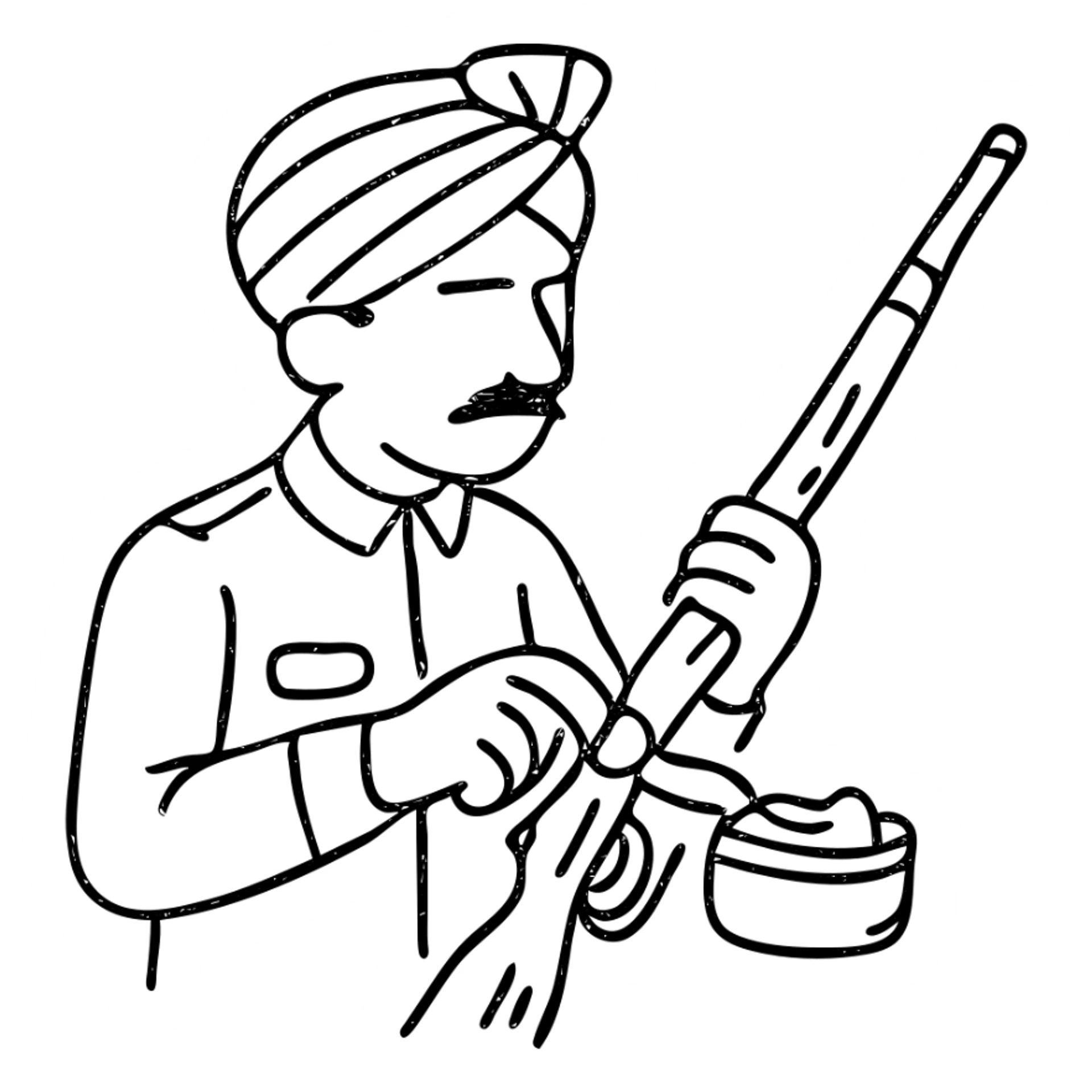 Indian soldier greasing a gun, hand drawn outlined icon sticker