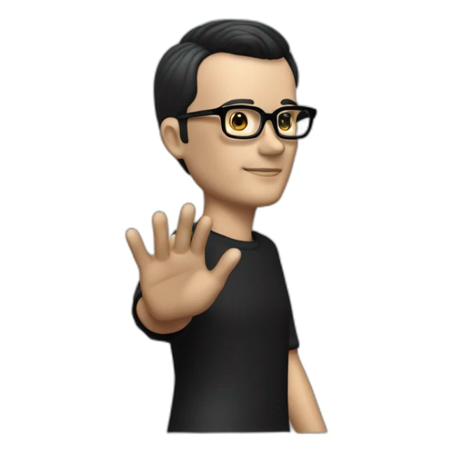 small photo realistic left arm waving Ralf Hutter from Kraftwerk, short straight black hair, Dark Brown eyes, black glasses, thin, black shirt, side view sticker