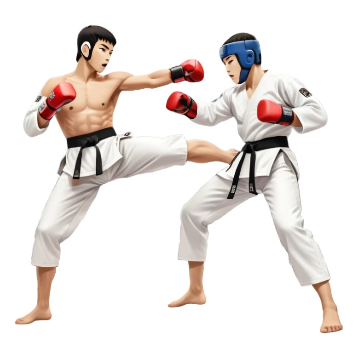 Two taekwondo fighters in traditional white doboks with black belts. One delivers a powerful kick, while the other defends by blocking with his knee. The background shows a professional arena with bright lights and an excited crowd. Transparent background highlights the intense action sticker