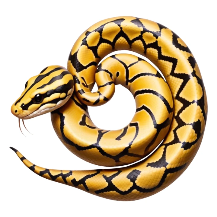 A photo-realistic top-down view of a Ball Python gently coiled into a tight spiral, with its head resting peacefully at the center. Its scales are warm brown with bold, irregular black markings, including the distinctive “alien-head” pattern, flowing smoothly along its body.  sticker
