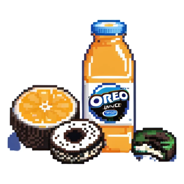 orange juice bottle being cut in half by Oreo cookies sticker