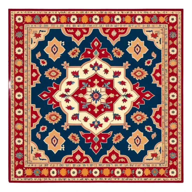 Cinematic Realistic depiction of a richly patterned Turkish carpet, rendered with exquisite details and vibrant colors, set against a soft, warmly lit background that emphasizes its artisanal craftsmanship sticker