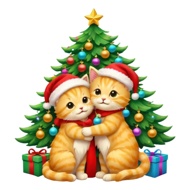 2 cute hugging golden fluffy kittens with Santa hats by a colorful multicolored brightly lit up Christmas tree sticker