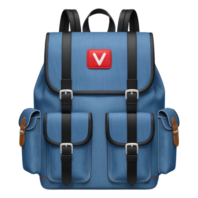 a blue denim backpack with a flap top, two vertical black buckle straps on the front. The backpack has two side pockets and a soft square shape. at front view bottom pocket, red and white two divided logo 

 sticker