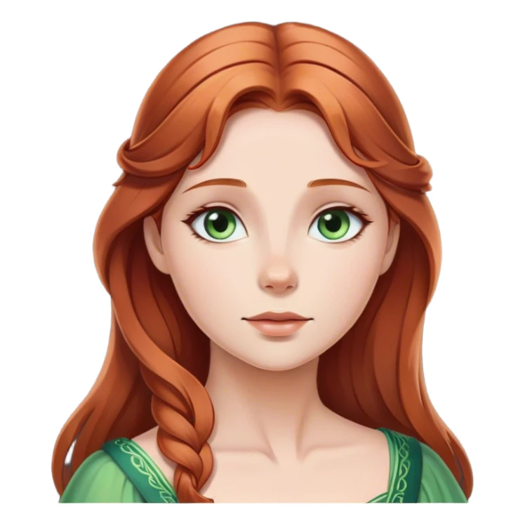 Cinematic Serene Sleeping Beauty Portrait Emoji, rendered in a simplified vector style. Depict a gentle Aurora (chest and above) with fair, glowing skin and softly cascading auburn hair, her expression calm and reflective, dressed in her timeless attire. The image exudes a soft, warm radiance with high shine and a subtle glowing outline. sticker
