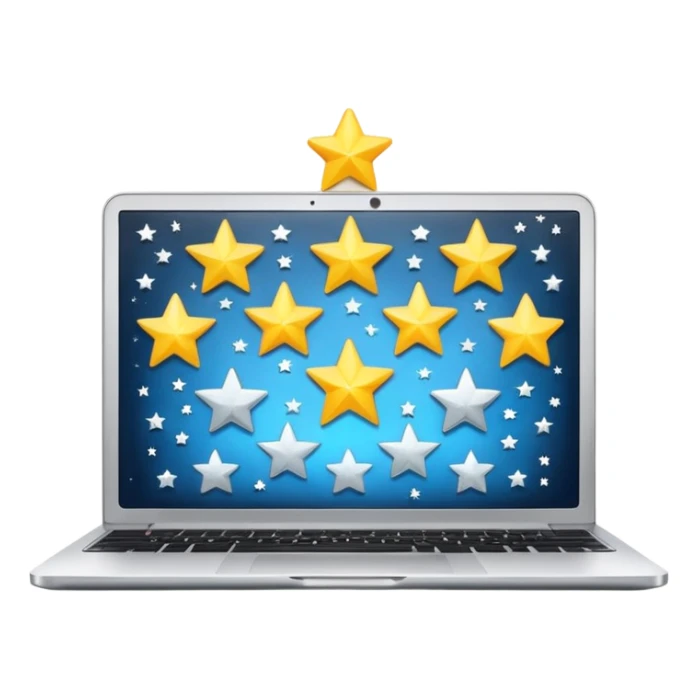 laptop open with screen showing five stars sticker