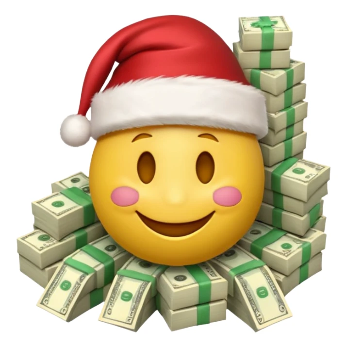 A festive 3D emoji style yellow smiley face wearing a Santa hat, surrounded by stacks of cash and dollar bills, joyful expression, Christmas and New Year theme, high quality, clean design, studio lighting, no text, no background, isolated object, transparent background, emojis.com style sticker