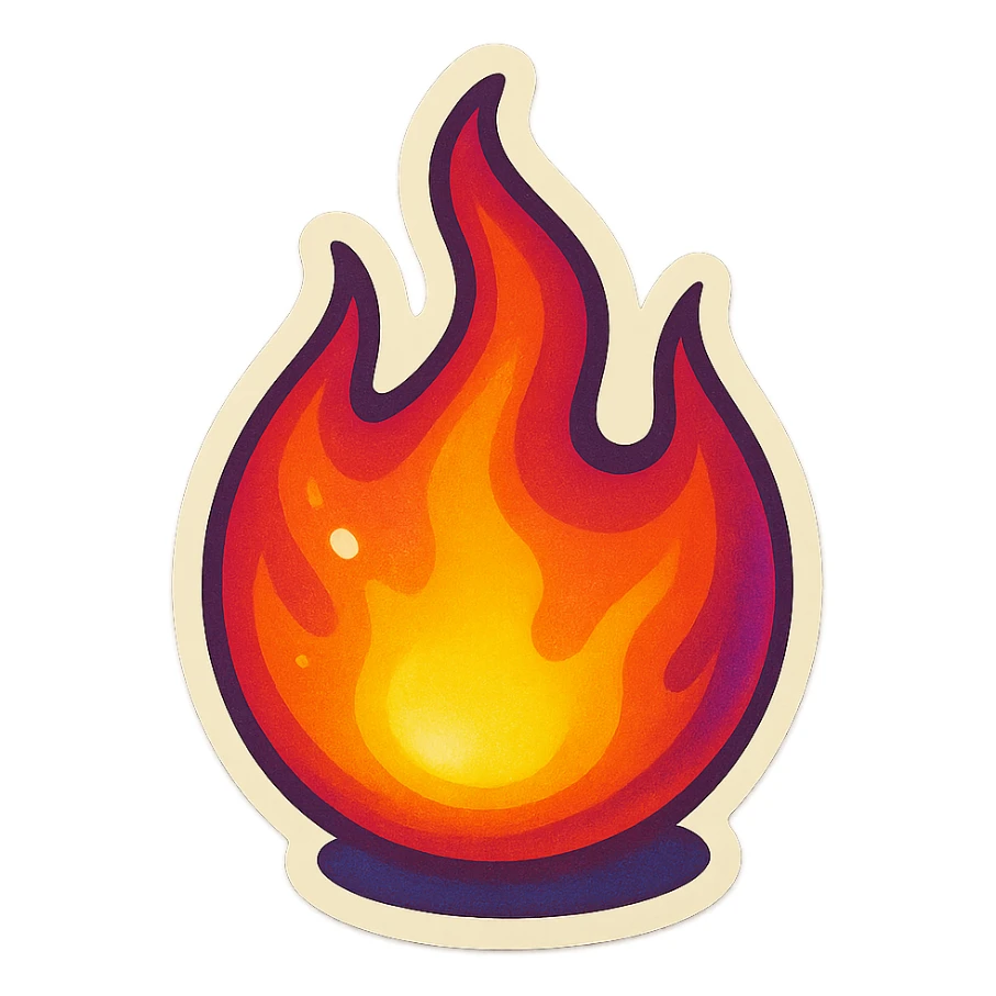 retro sticker style illustration of a small, round flame with bright core, expressive shadows and highlights, lively and dimensional flame sticker