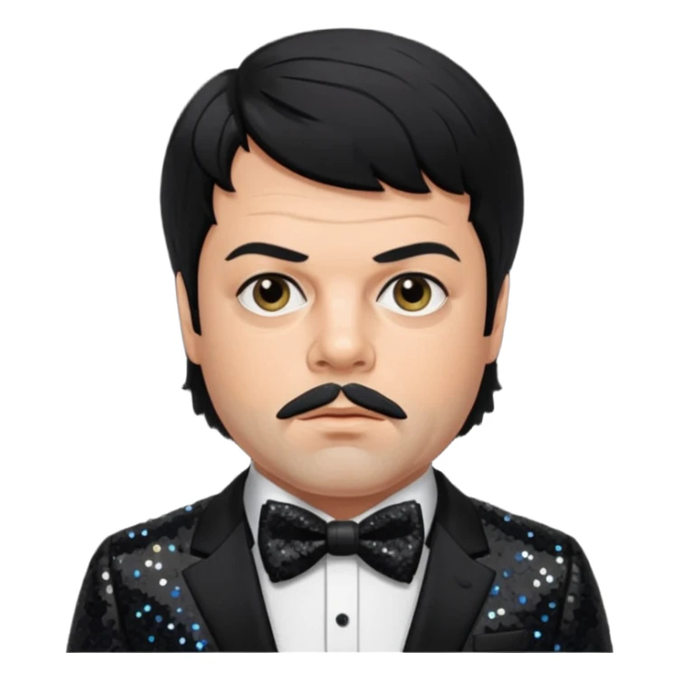 Oliver Reed with black hair, black sequin suit with bow tie sticker