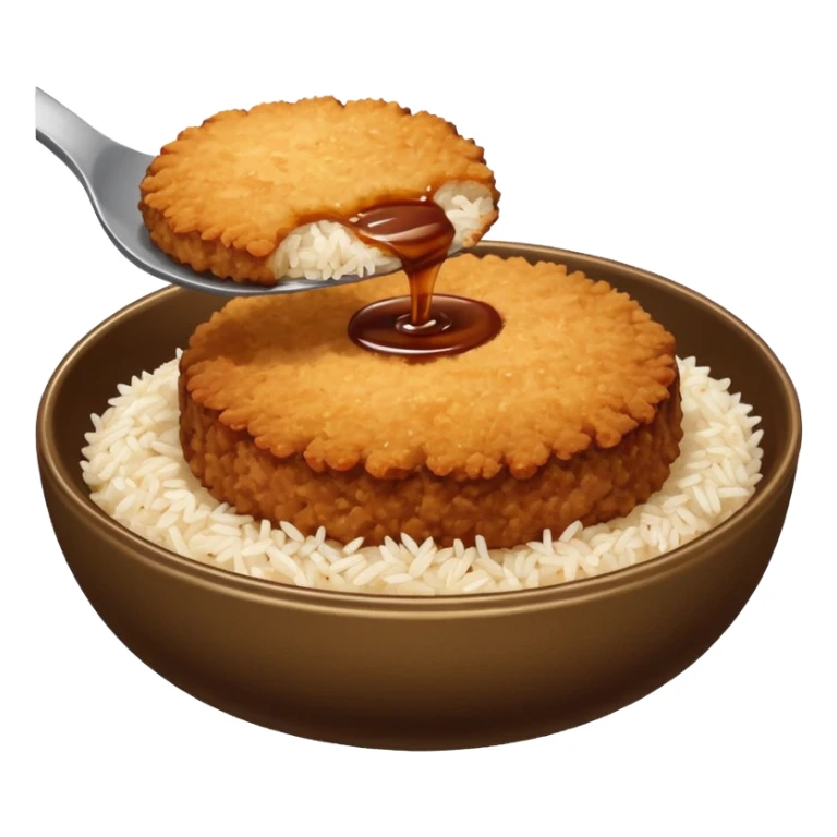 bowl filled with rice, a bit of brown sauce over the rice and a breaded pork cutlet over it sticker
