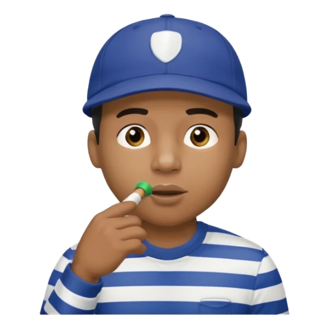 A black calm referee with striped shirt, wearing a sport cap while blowing a whistle, pointing clearly toward the field. sticker