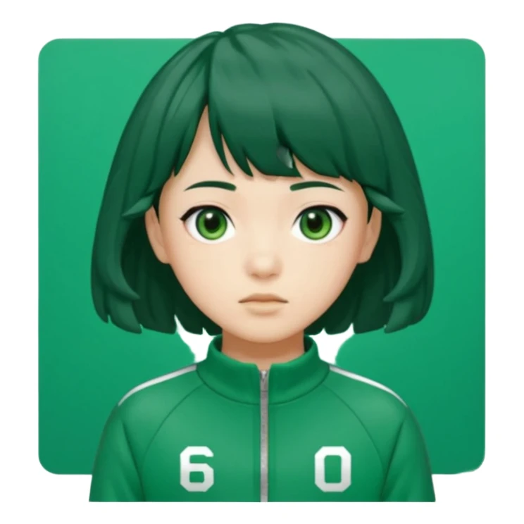 Sae-byeok from Squid Game, black wavy bob haircut with brief fringe, wearing green tracksuit with number 067 on chest, simple emoji style sticker