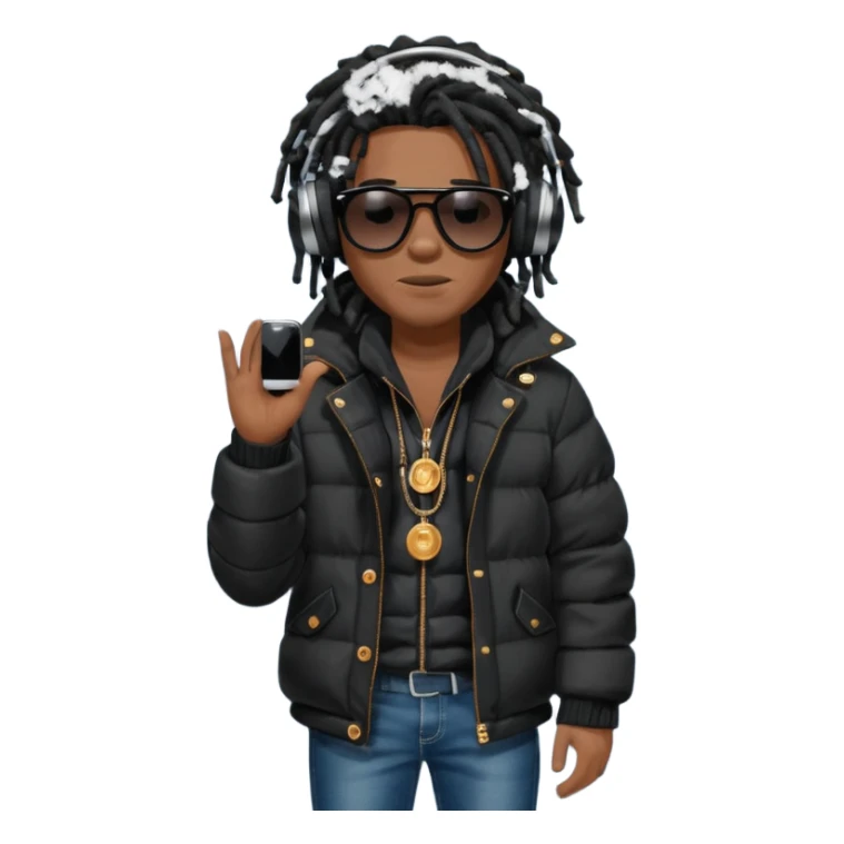 African American man brown skin complexion with black dreadlocks shoulder length wearing black bubble winter coat wearing black sunglasses with denim skinny jeans and timberland boots wearing headphones and rapping into a studio microphone sticker