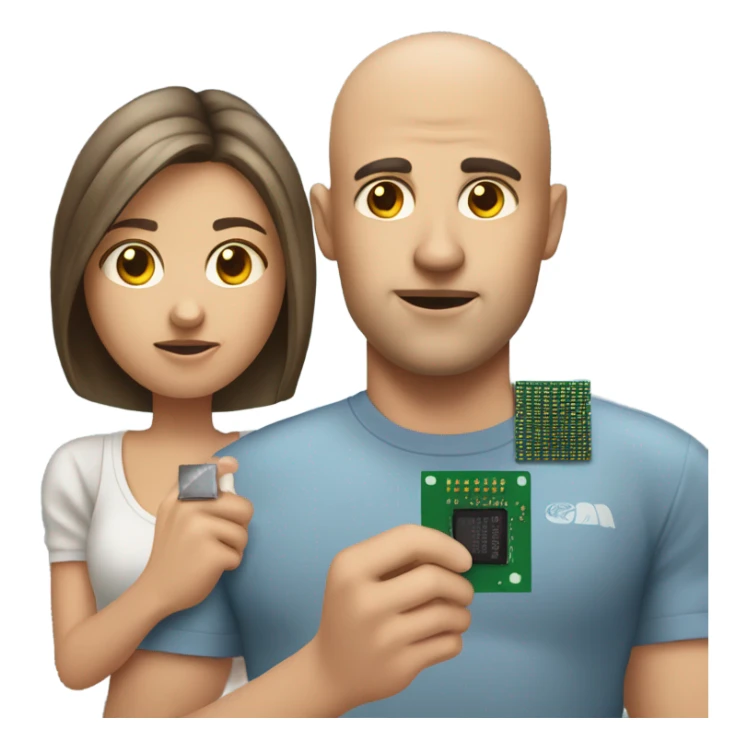 unhappy, bald young man, on his hand there is semiconductor chip with his girlfriend sticker