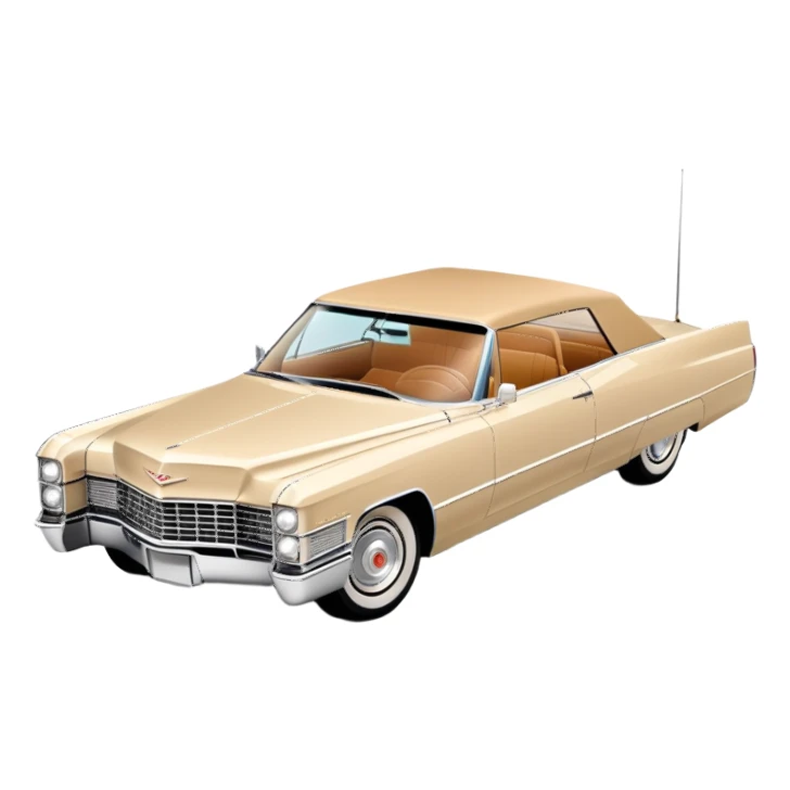 Ultra-minimalist beige 1966 Cadillac DeVille, very simplified shapes, clean 30-degree perspective, only essential details, basic geometric representation, Once Upon a Hollywood car, iOS emoji style sticker