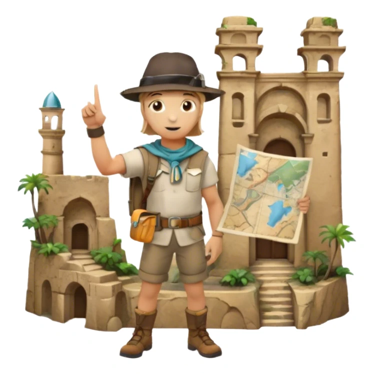 Icon for Documentary Film (TV style): A traveler pointing backward and narrating in front of ancient ruins. Include elements like historical landmarks, maps, and exploration tools to evoke a sense of adventure. Transparent background. sticker