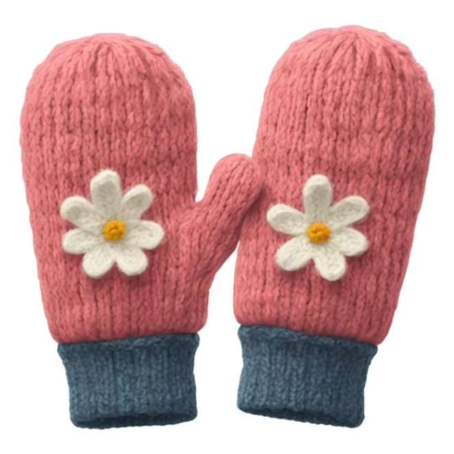 A pair of cozy knitted mittens with a bloom design sticker