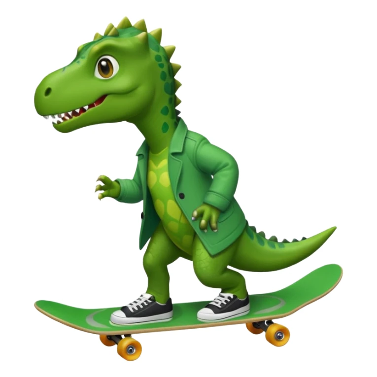 a dinosaur on a skateboard wearing a coat with sneakers in the bottom sticker