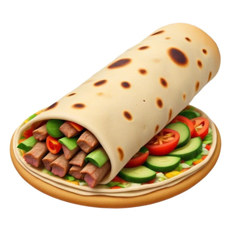 Cinematic Realistic Shawarma Dish Emoji, showcasing spiced, succulent meat wrapped in flatbread with fresh vegetables rendered with lifelike detail and dynamic, appetizing lighting. sticker