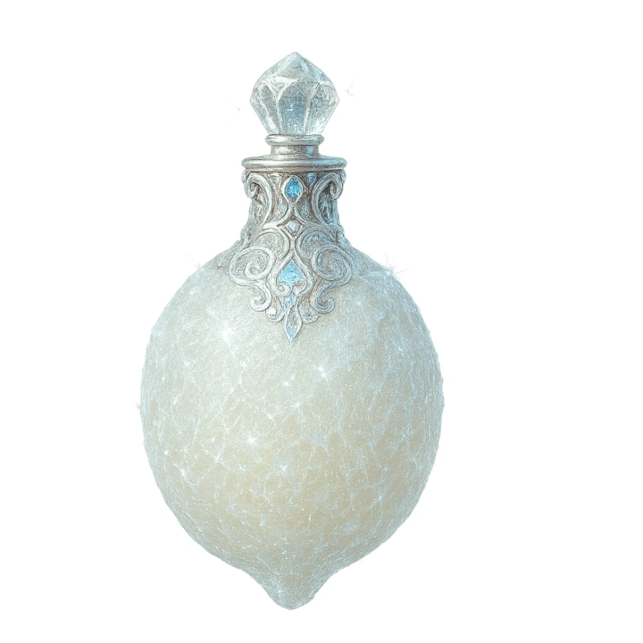 luxurious crystal elixir bottle in frozen lemon shape, frosty pale yellow color, ornate silver and iridescent details, even more icy and sparkling effects, magical glowing, very small neck, seamless bottom, bottle clearly floating in air, no base or shadow, modern, collection style, transparent background sticker