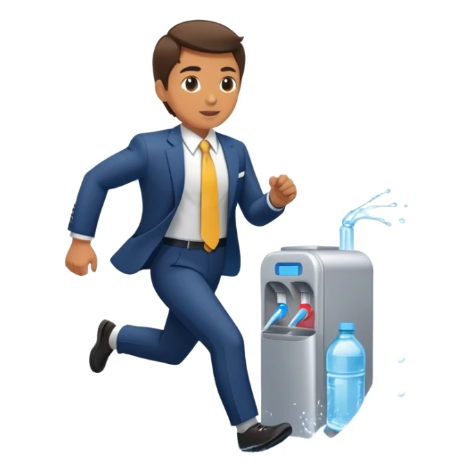 Business executive running marathon in suit next to water cooler sticker