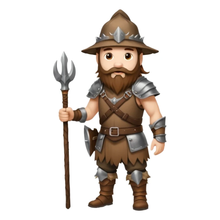 full body man long brown hair brown eyes medium beard white skin wearing boar hat and bark armor sticker