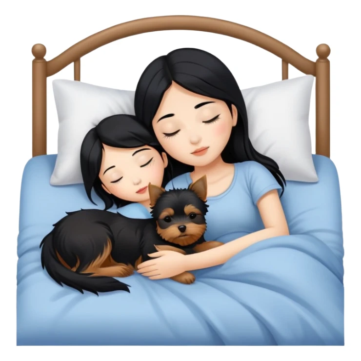 pretty asian girl with black hair sleeping in bed with small yorkshire terrier sticker