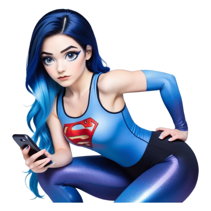 Shameful-head tilted-texting on phone-very very very large upper body-sexy face-bending forward at waist-very long very straight dark blue to light blue ombre hair-and-blue eyes-thick black eyeliner-thick long eyelashes-iridescent blue lowcut tanktop with black leggings with glitter superman logo sticker