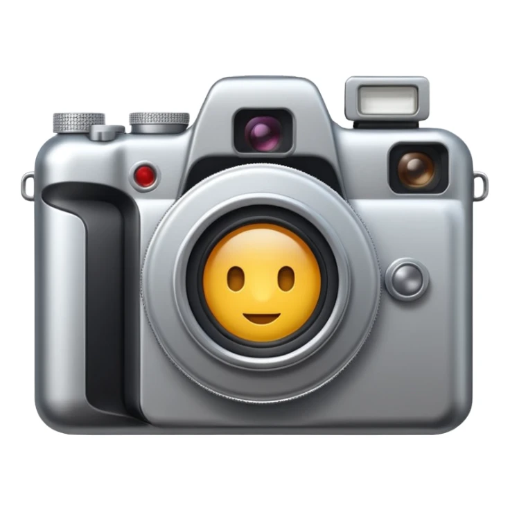 Minimal emoji icon of a modern metalic camera, front view, simple shapes, realistic lens,  sticker