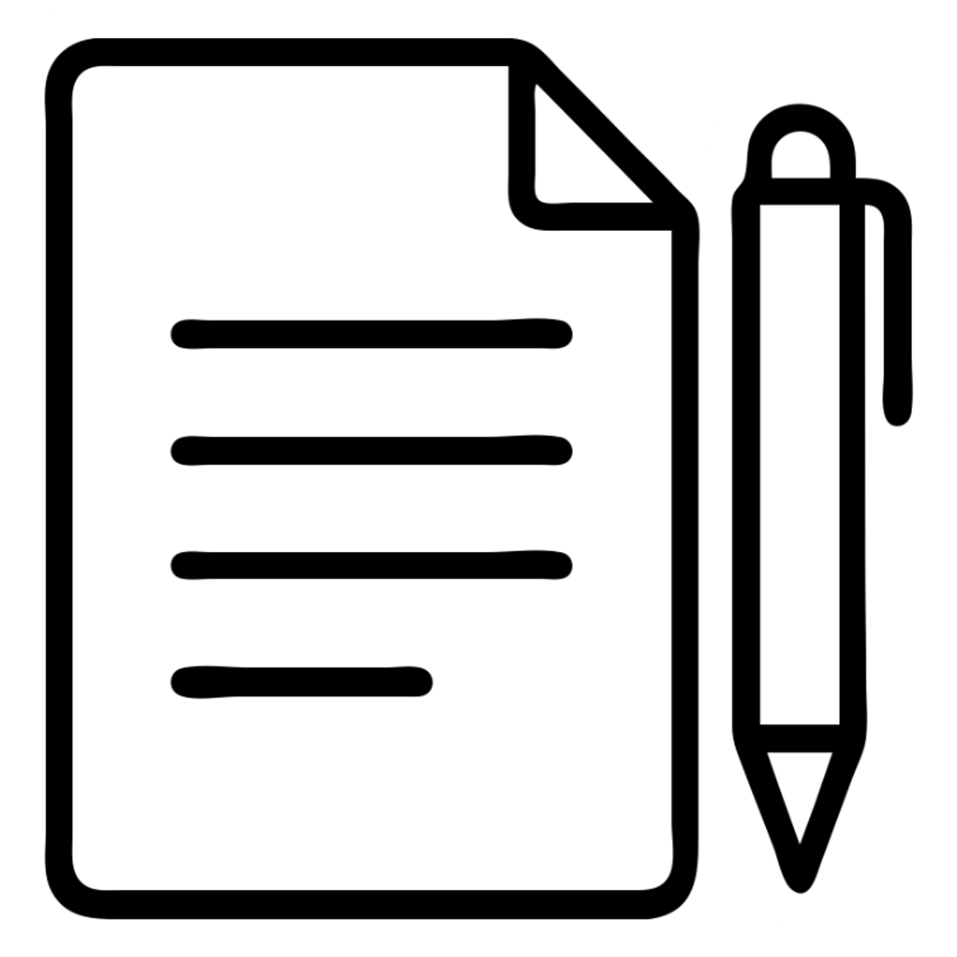 minimalist paperwork and pen, outline style, thin lines, transparent background, no text sticker